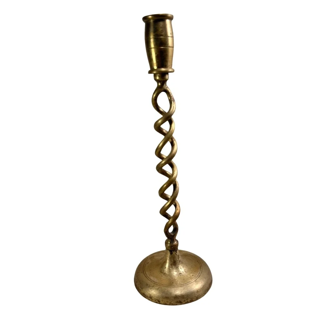 Solid Brass Barley Twist Candlestick Holder Open Spiral Stem 11.5 In approx‎ vtg